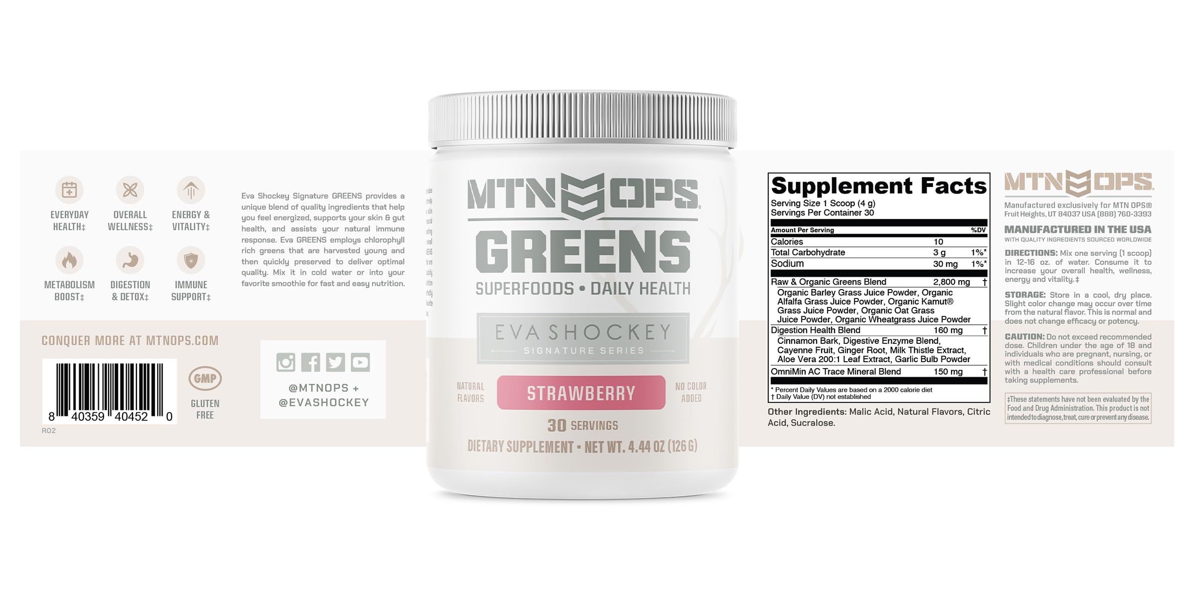 Nutrition facts panel for MTN OPS Eva Shockey Super Greens Strawberry