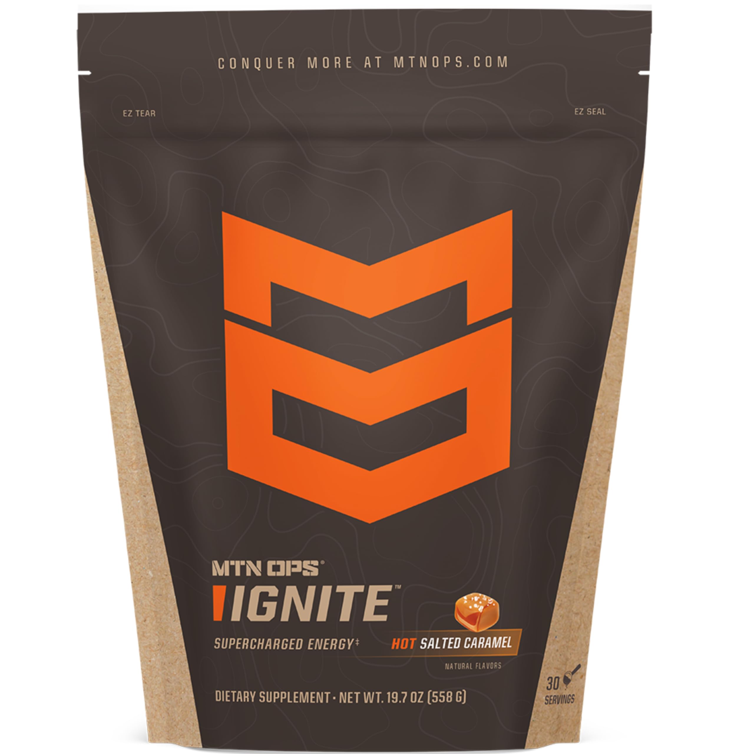 MTN OPS Hot Ignite Salted Caramel canister ready-to-use energy for sustained focus.