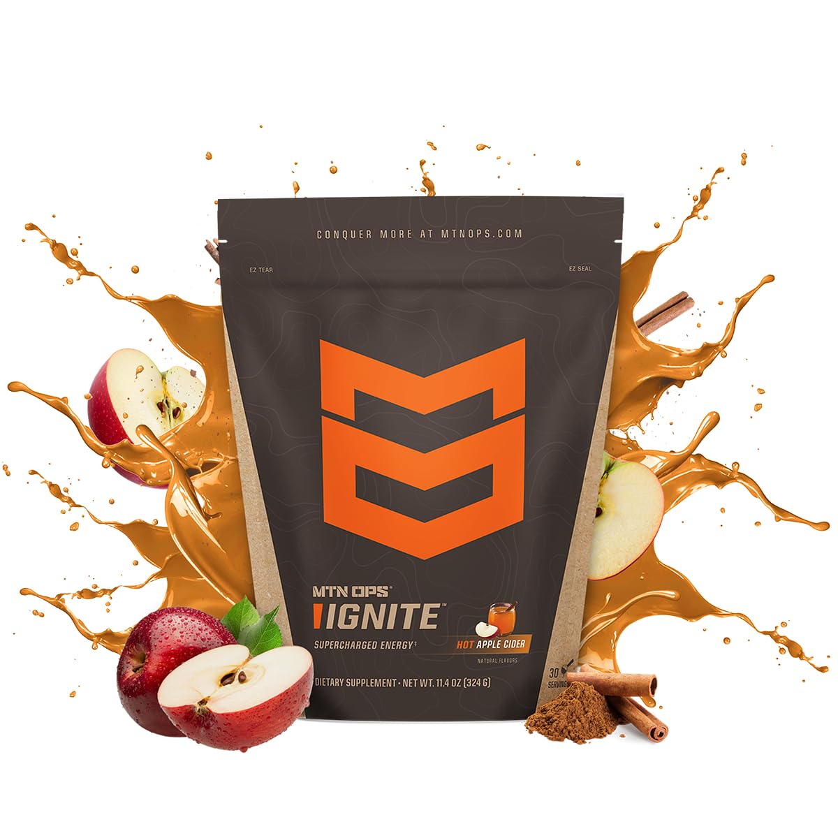 MTN OPS Hot Ignite steaming cup highlights smooth apple cider flavor for alert mornings.