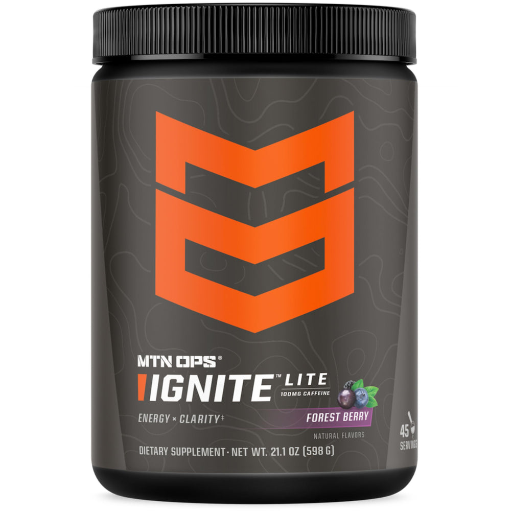 MTN OPS Ignite Lite Forest Berry energy drink powder canister and scoop