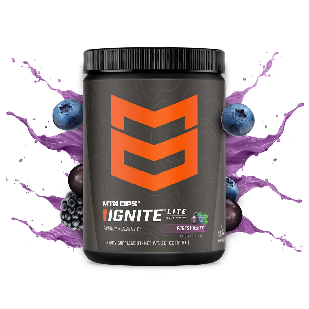 Close-up of Ignite Lite Forest Berry powder being poured into a glass