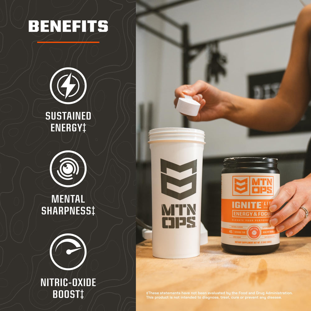 MTN OPS Ignite Lite gluten-free label signals dietary-friendly energy option.