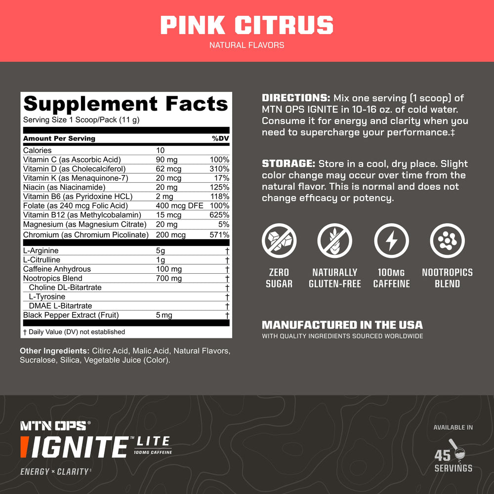 Gluten-free and zero sugar claims on Ignite Lite packaging