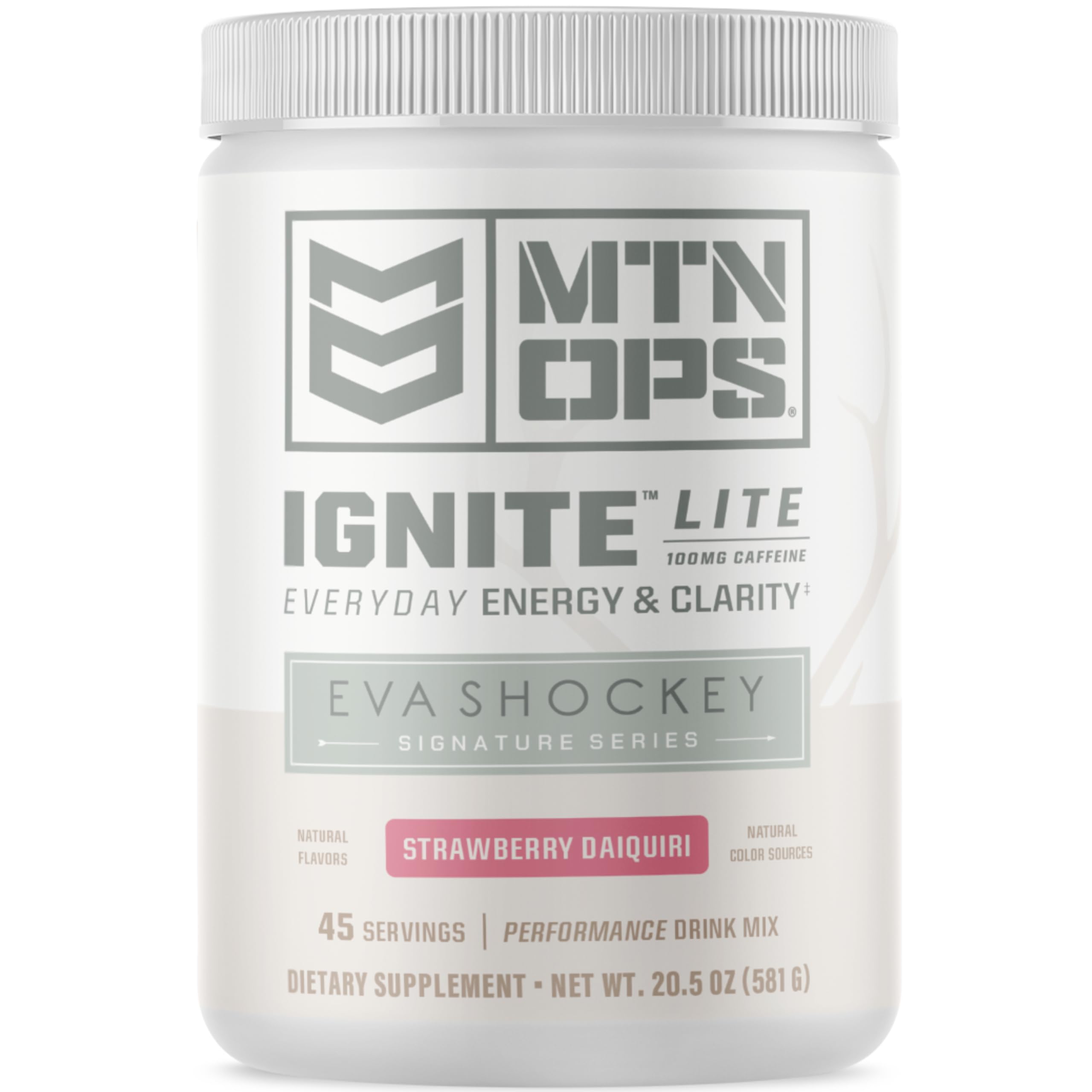 MTN OPS Ignite Lite tub front shows gluten-free, zero-sugar energy drink powder for active lifestyles