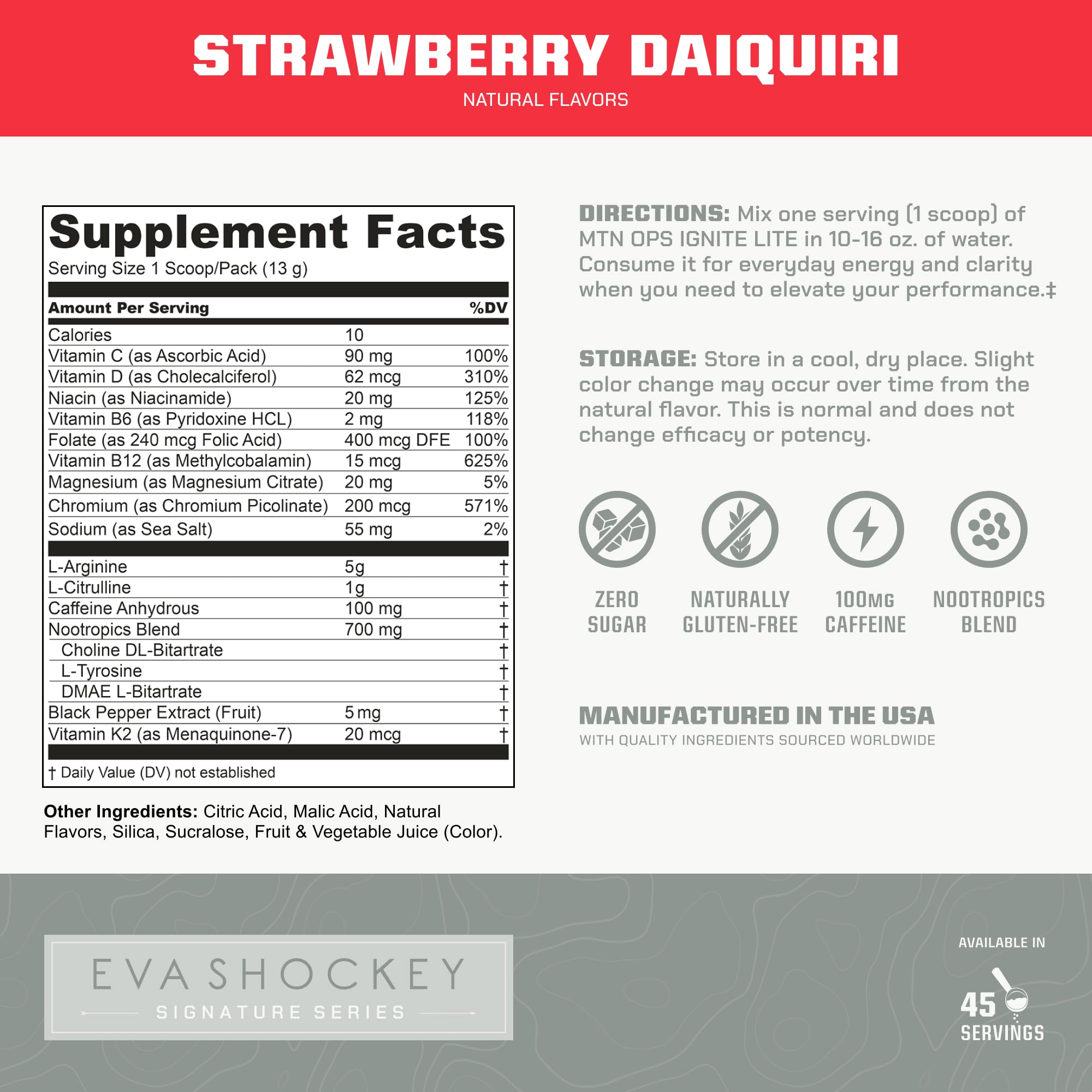 MTN OPS Ignite Lite label close-up highlighting Strawberry Daiquiri flavor and zero sugar