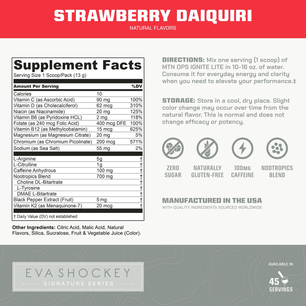 MTN OPS Ignite Lite label close-up highlighting Strawberry Daiquiri flavor and zero sugar