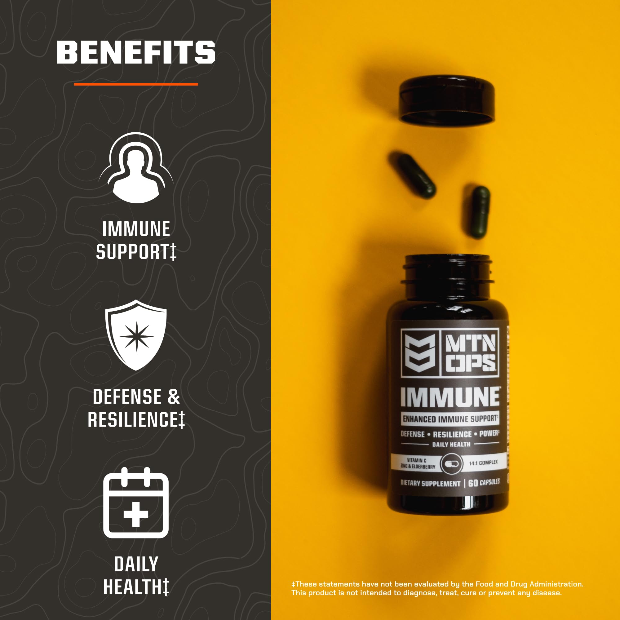 MTN OPS Immune Capsules 60-count packaging on wood surface