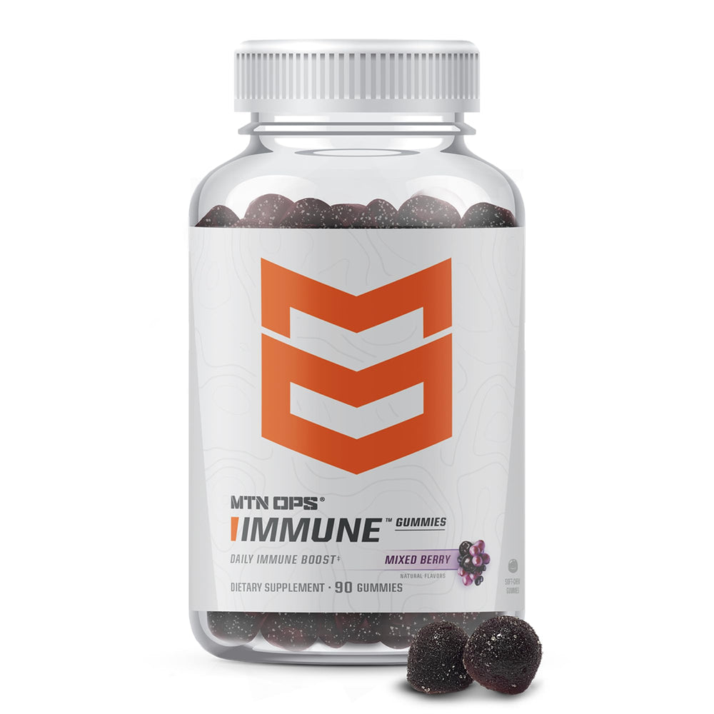 MTN OPS Immune Gummies bottle with elderberry and aronia berry – front view