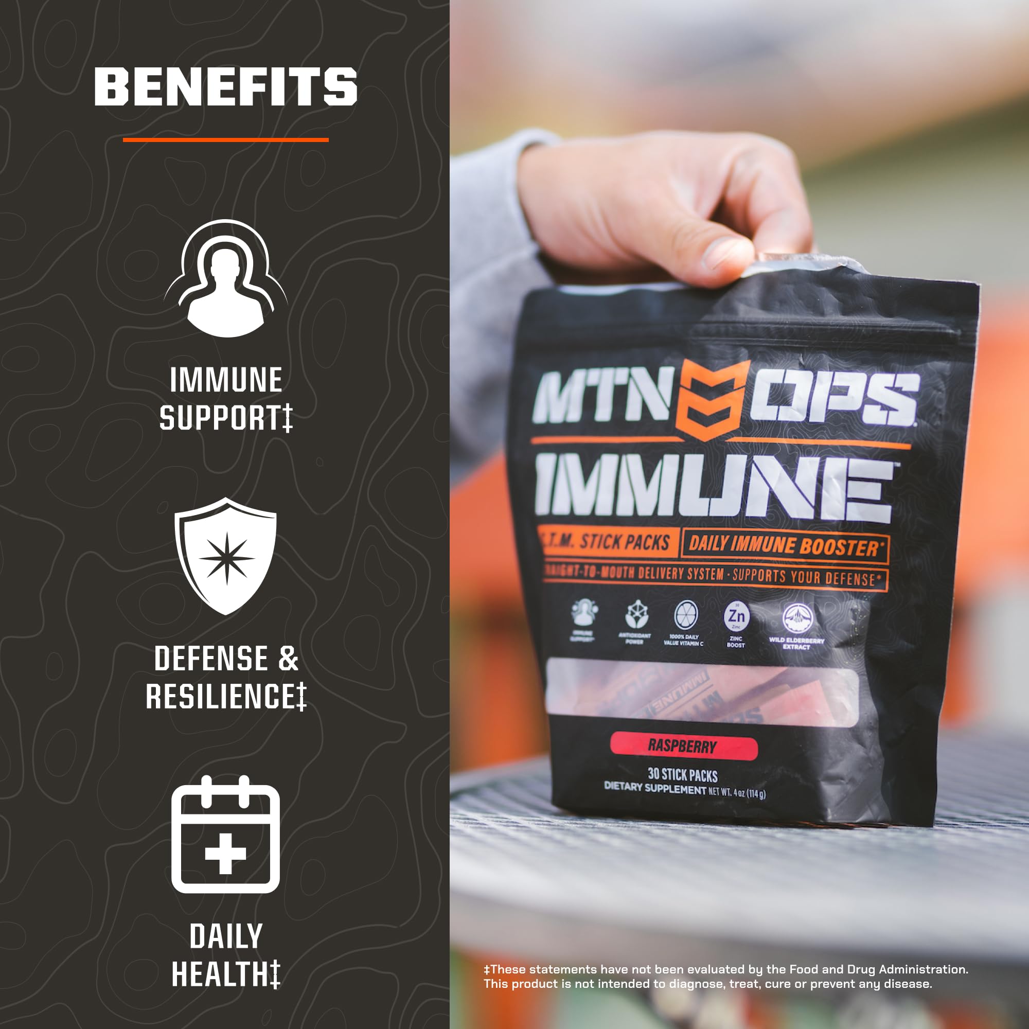 Ingredients panel of MTN OPS Immune STM Raspberry powder drink mix