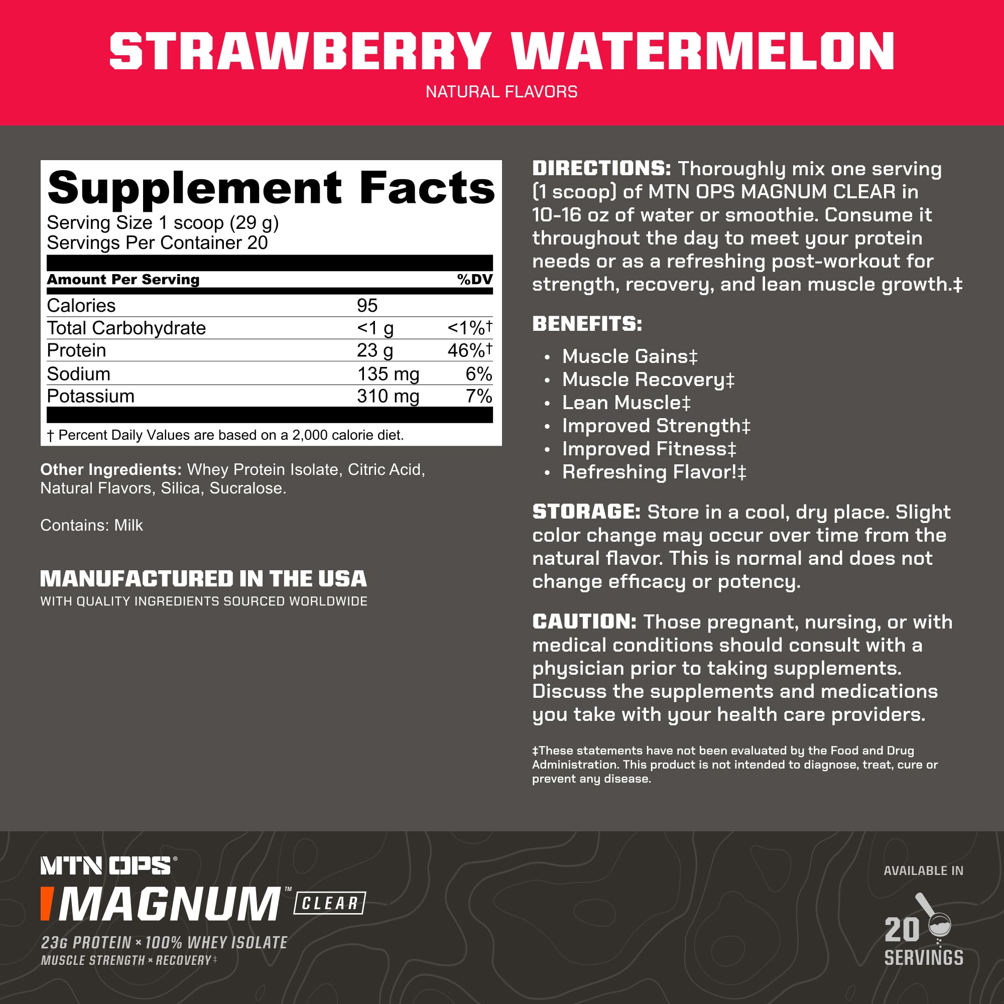 MTN OPS Magnum Clear Whey Strawberry Watermelon provides a fruit-forward flavor that's hydrating after workouts.