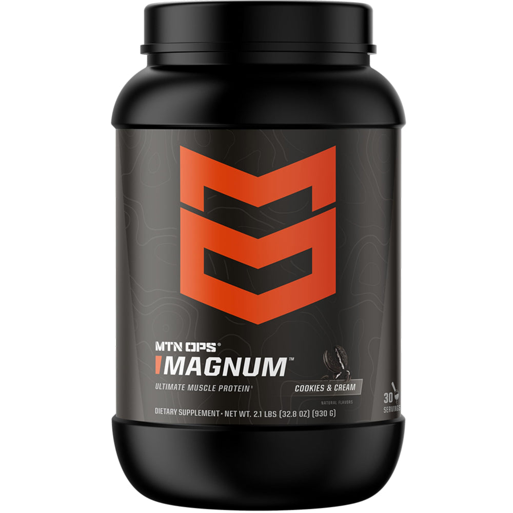 MTN OPS Magnum Cookies & Cream protein powder tub front view