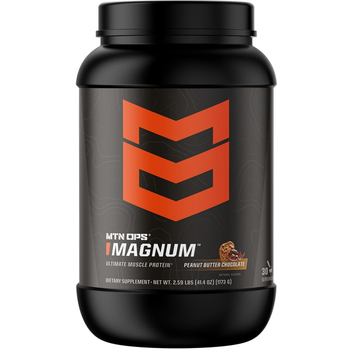 MTN OPS Magnum whey isolate peanut butter chocolate bottle shows gluten-free formula for post-workout fueling.
