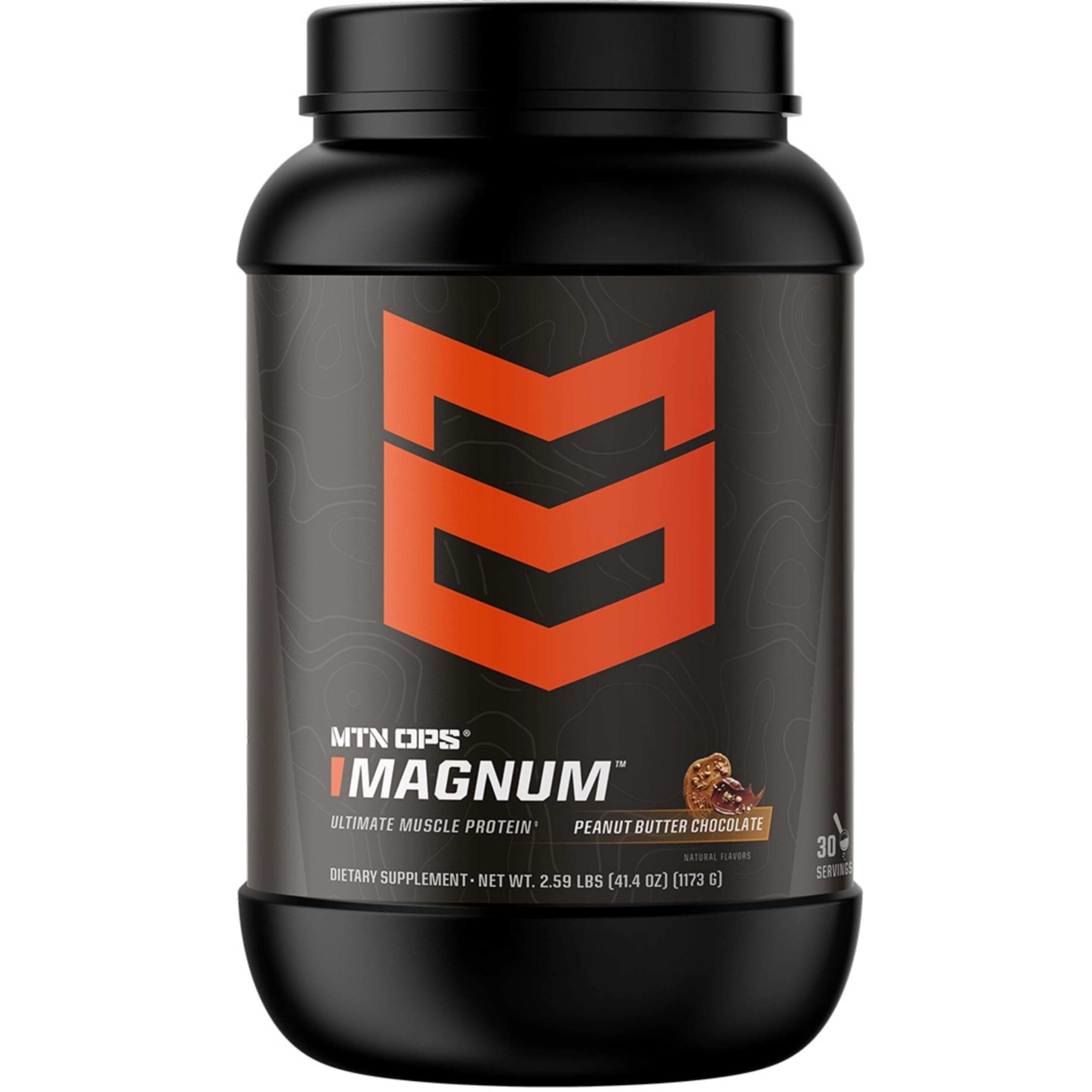 MTN OPS Magnum whey isolate peanut butter chocolate bottle shows gluten-free formula for post-workout fueling.