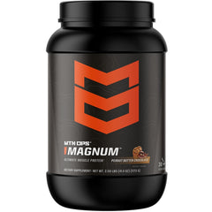 MTN OPS Magnum whey isolate peanut butter chocolate bottle shows gluten-free formula for post-workout fueling.
