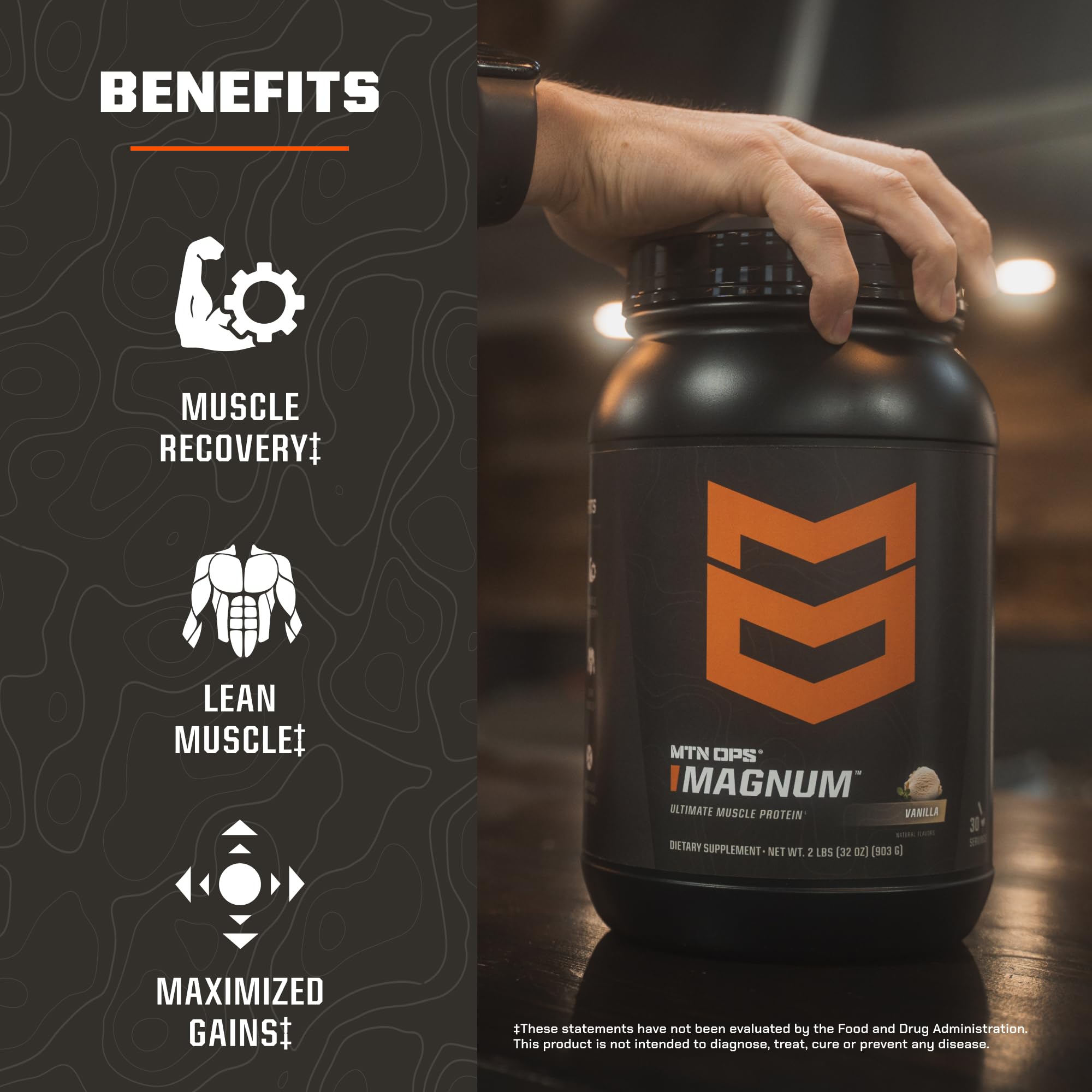 MTN OPS Magnum whey isolate peanut butter chocolate label emphasizes gluten-free and low-glycemic flavors.