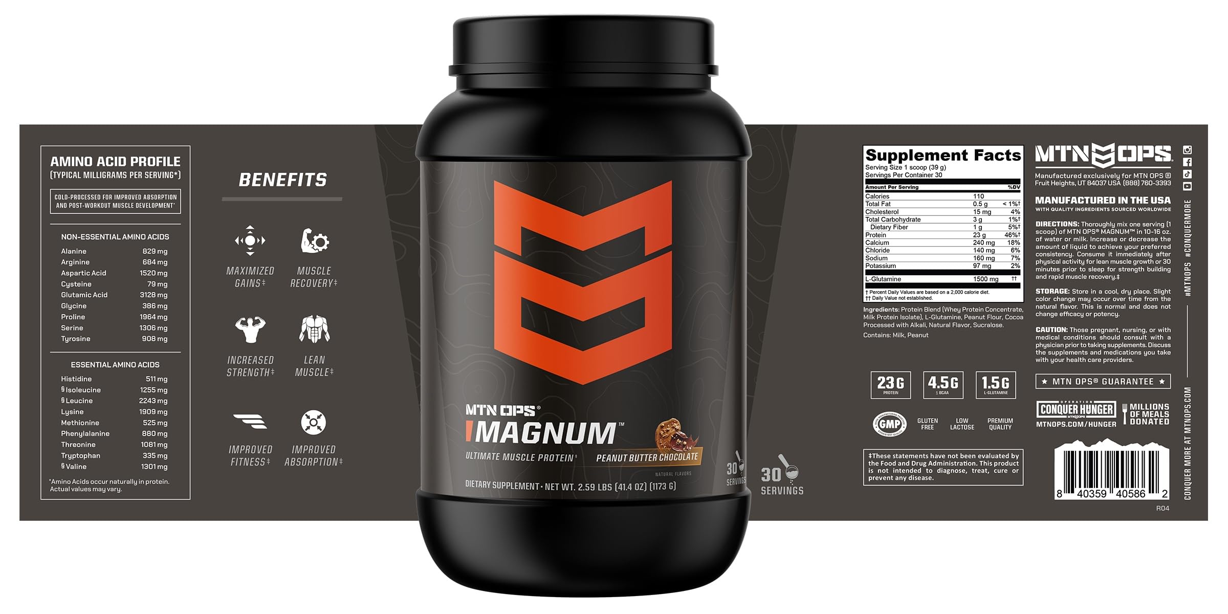MTN OPS Magnum whey isolate post-workout shake suggests rapid-muscle recovery potential.