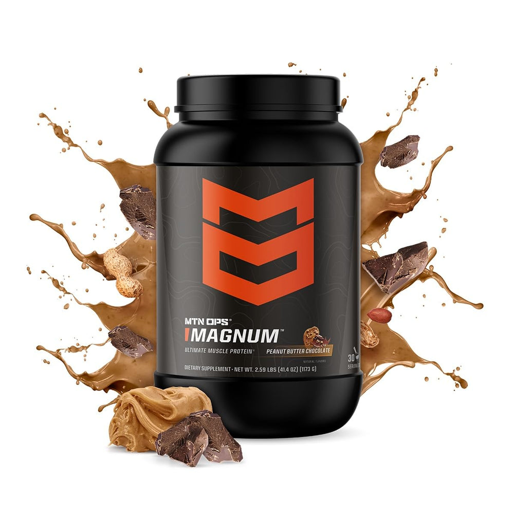 MTN OPS Magnum whey isolate shake glass communicates creamy flavor and quick absorption after workouts.