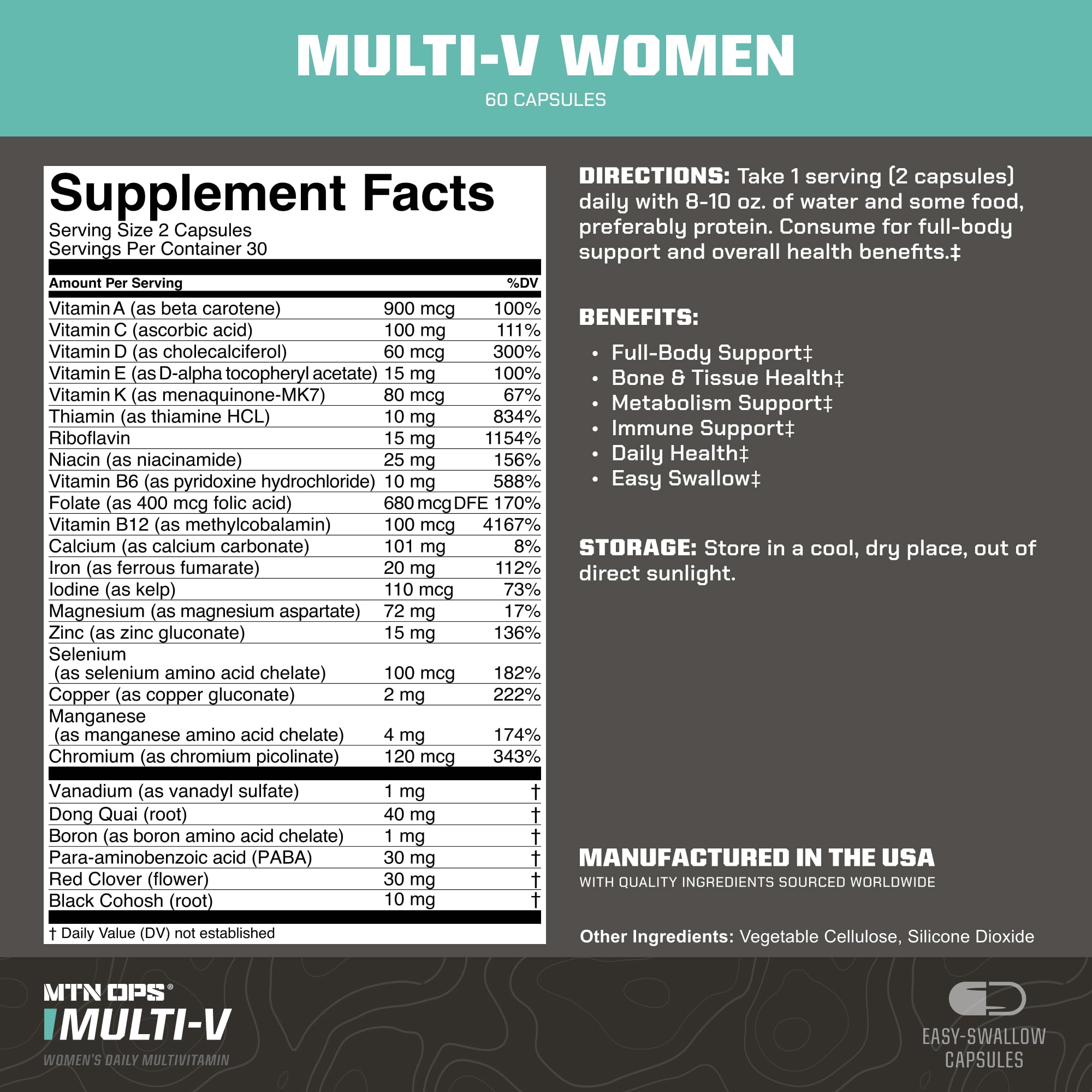 Close-up of MTN OPS Multi-V Women multivitamin capsules