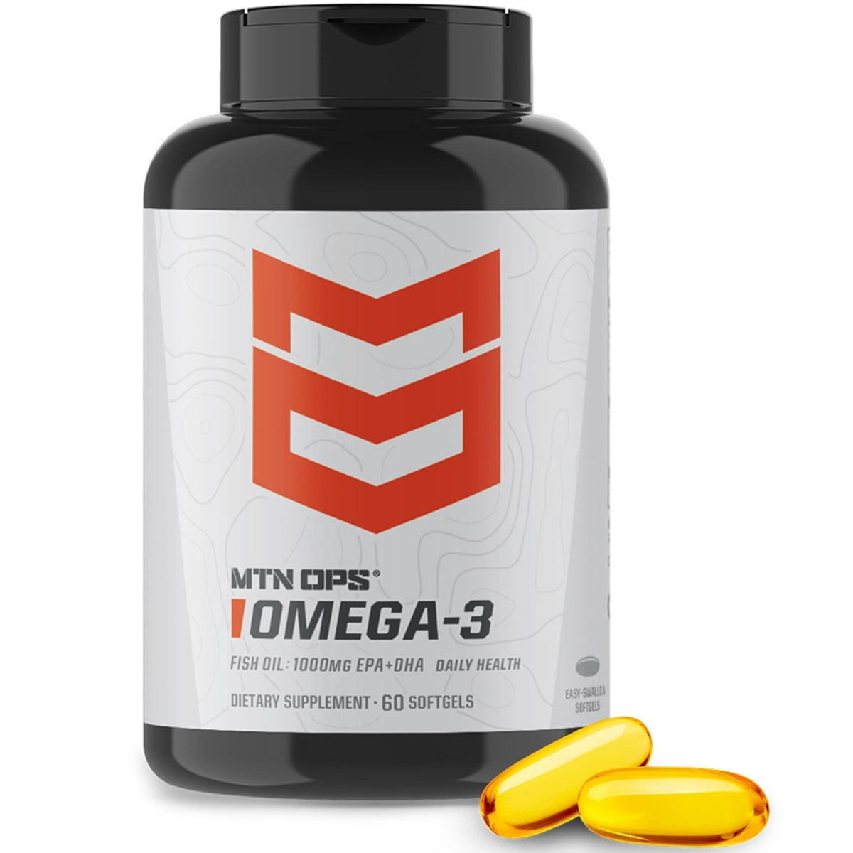 MTN OPS Omega-3 Fish Oil bottle with 60 flavorless softgels