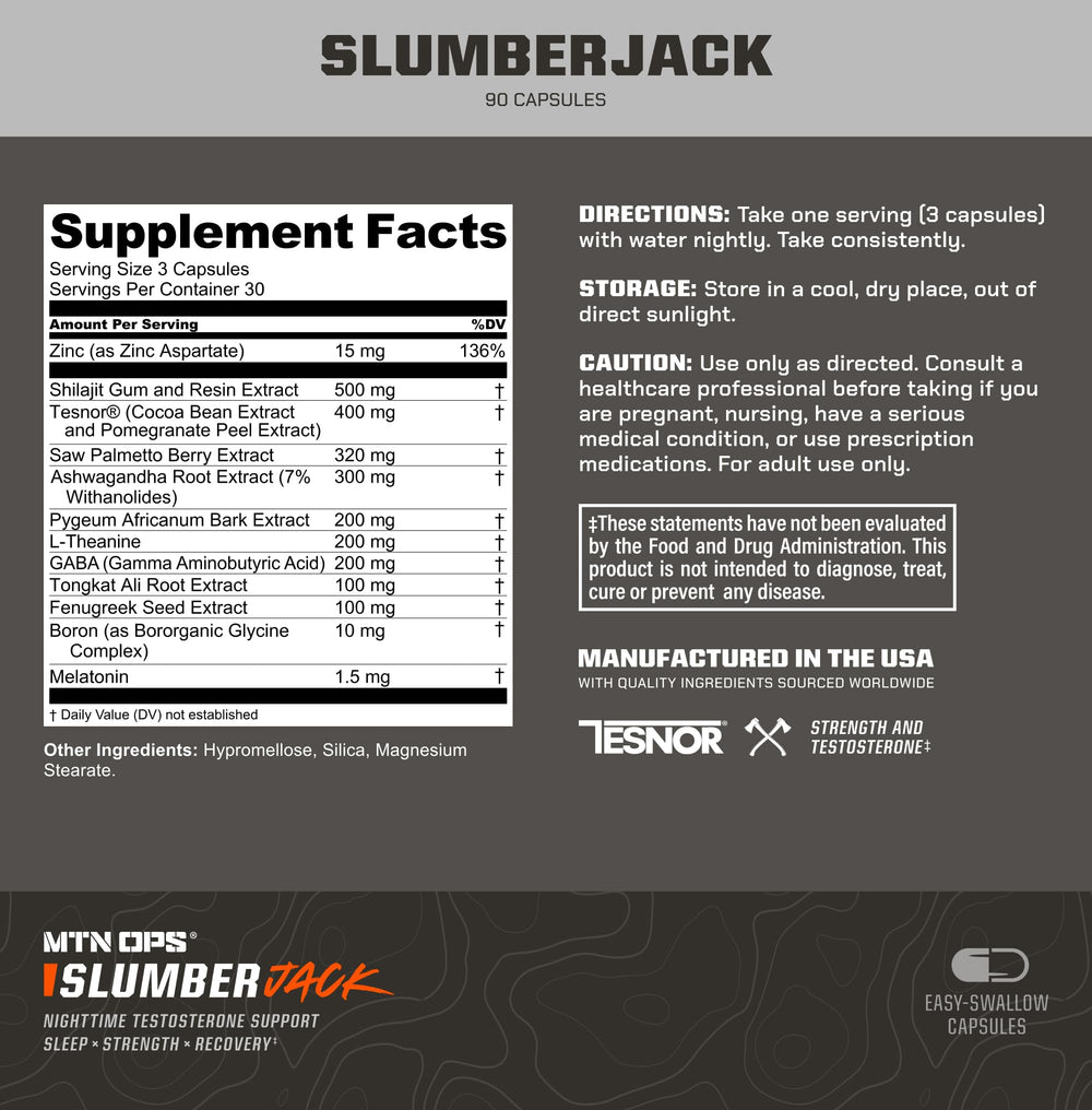 MTN OPS Slumber Jack bottle label close-up highlighting melatonin and GABA benefits.