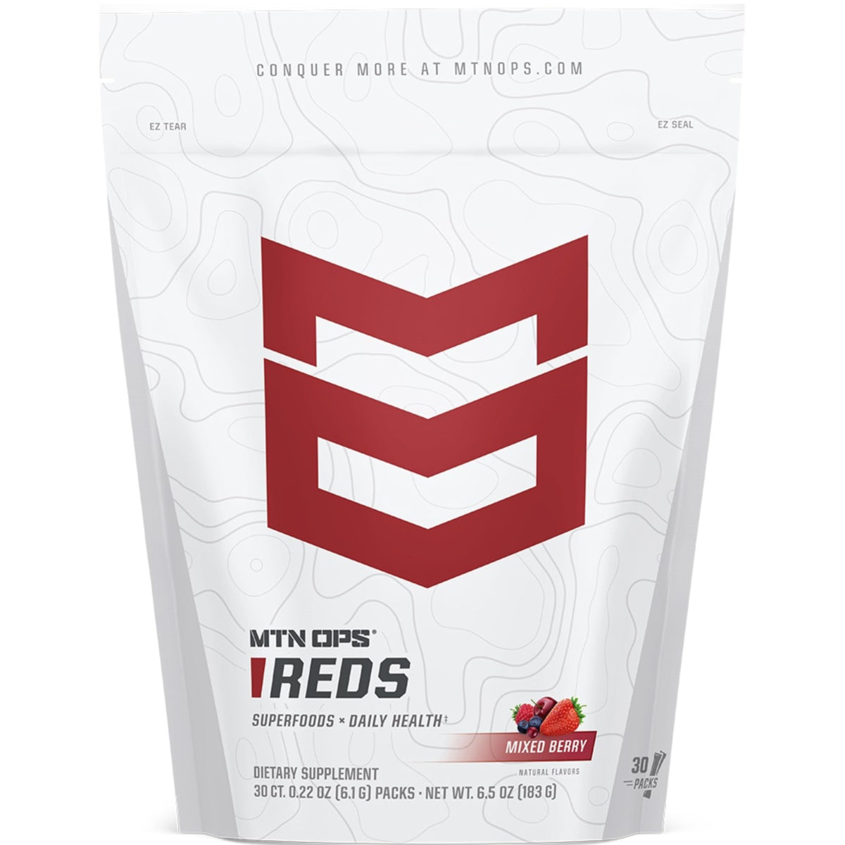 Front label of MTN OPS Super Reds powder pack
