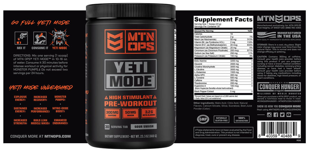 MTN OPS Yeti Mode pre-workout on gym bench communicates ready-to-train intensity.