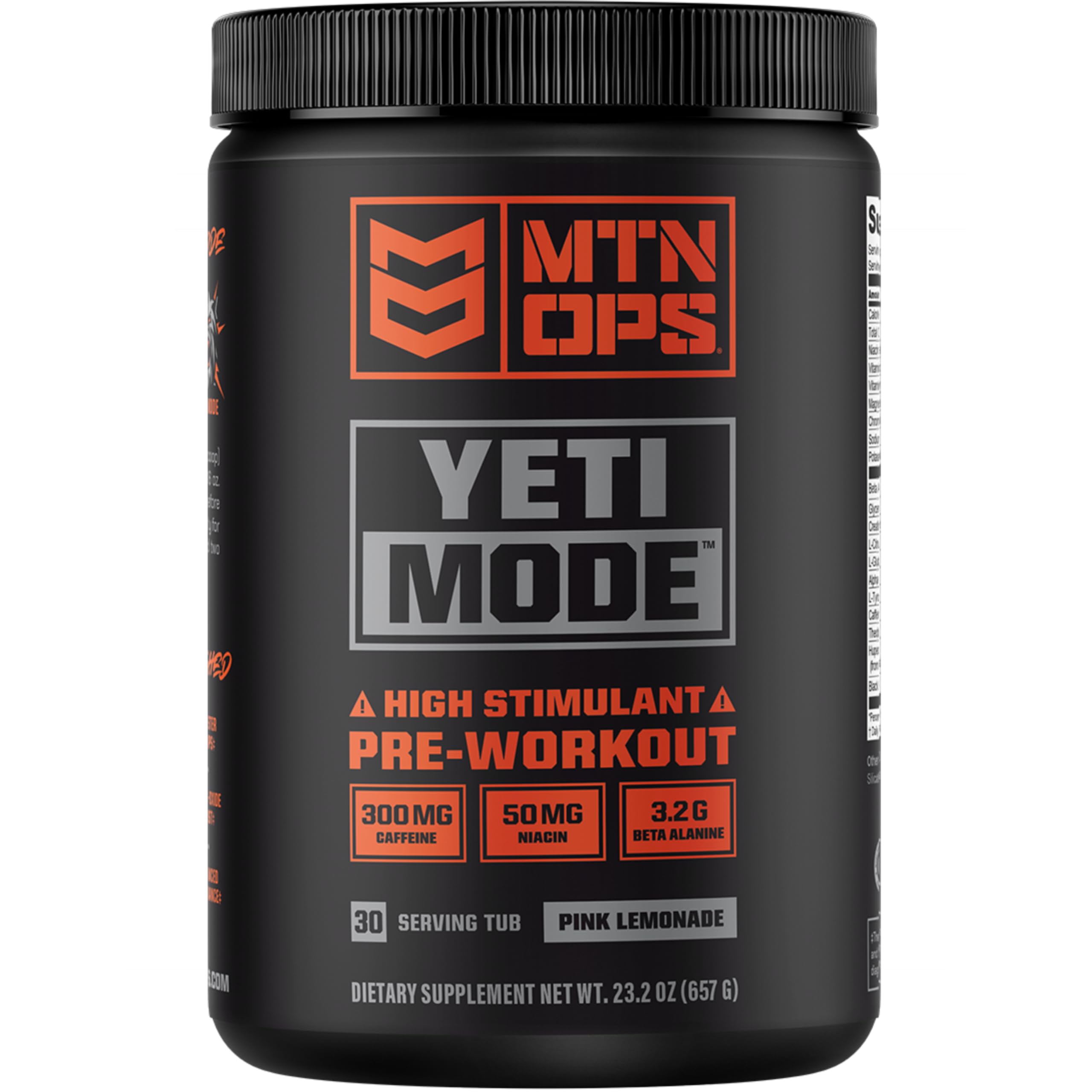 MTN OPS Yeti Mode Pink Lemonade pre-workout tub front label