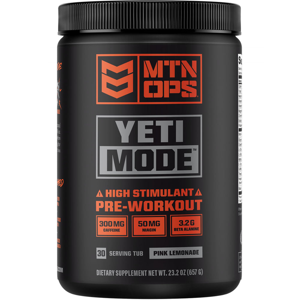 MTN OPS Yeti Mode Pink Lemonade pre-workout tub front label