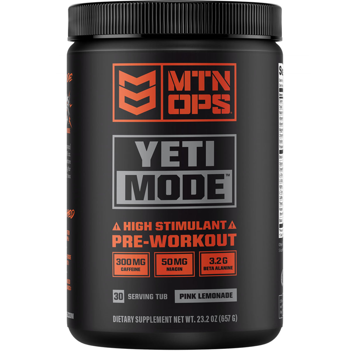 MTN OPS Yeti Mode Pink Lemonade pre-workout tub front label