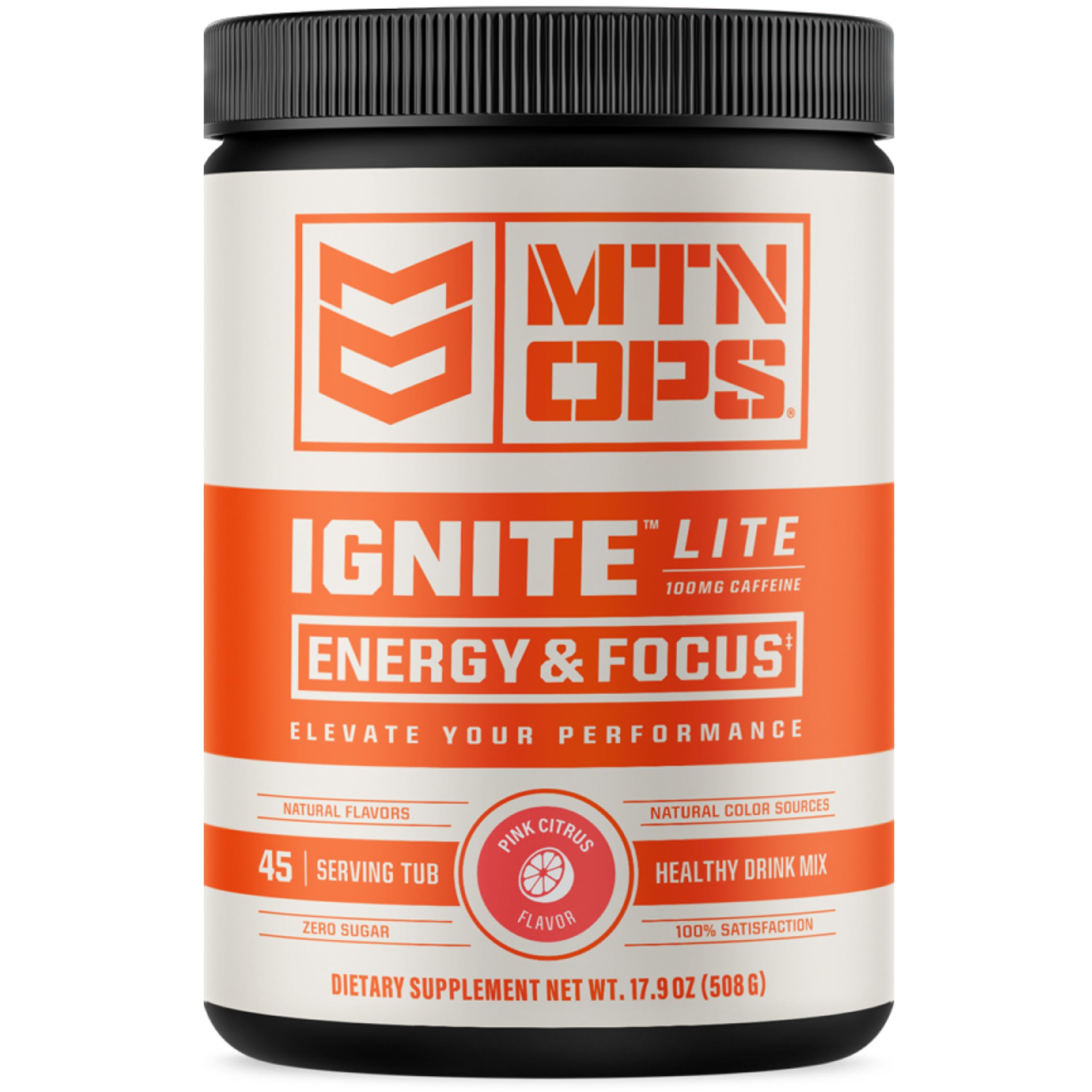 MTN OPS Ignite Lite pink citrus tub ready for quick energy before workouts.