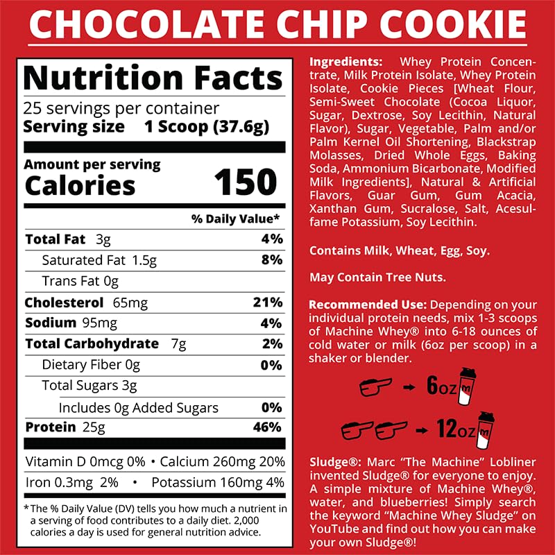 MTS Machine Whey Protein Powder Chocolate Chip Cookie flavor – nutrition label and scoop