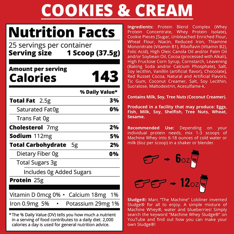 MTS Machine Whey Protein Powder nutrition label with protein information