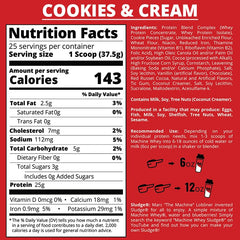 MTS Machine Whey Protein Powder nutrition label with protein information