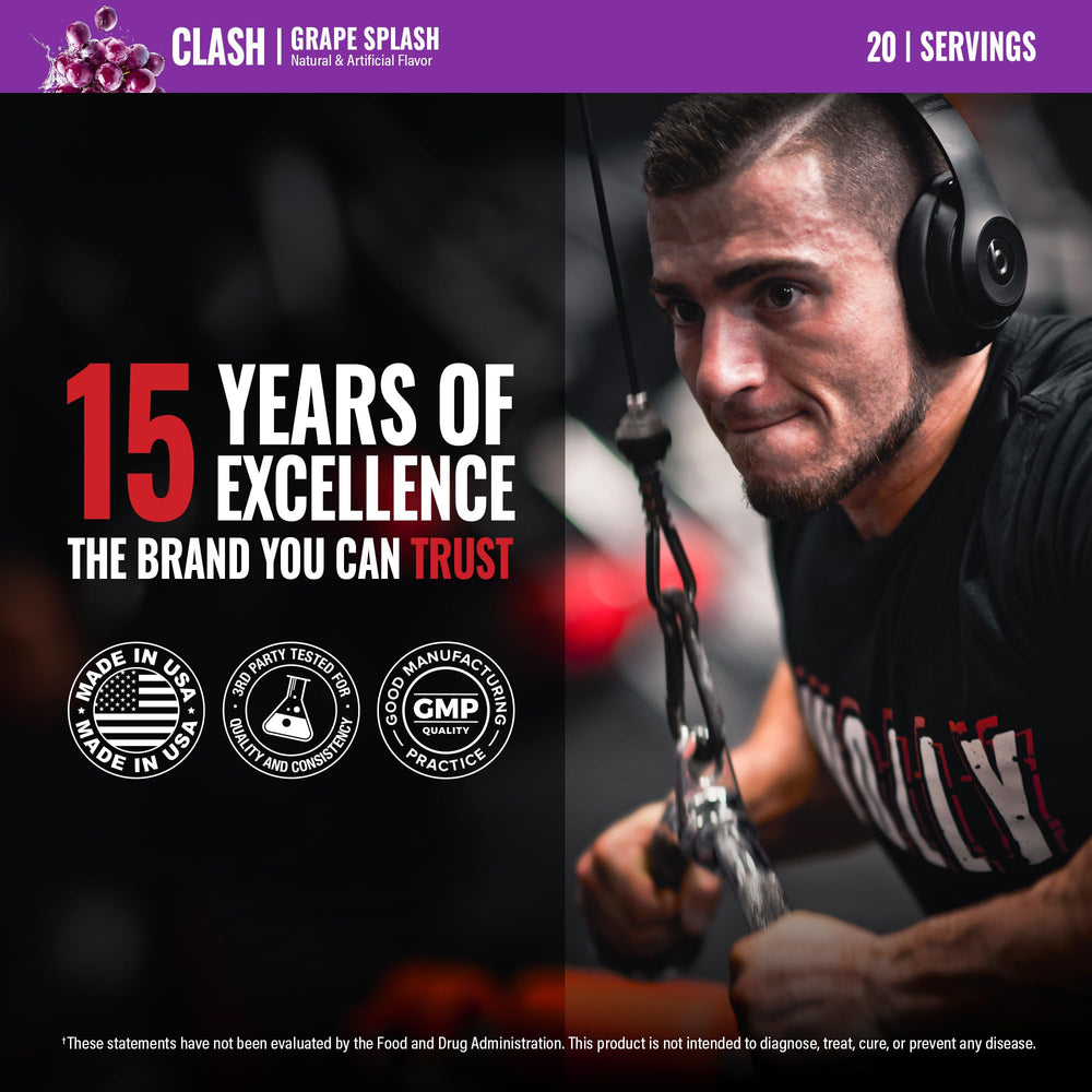 Scoop of Clash Pre-Workout powder with Grape Splash flavor