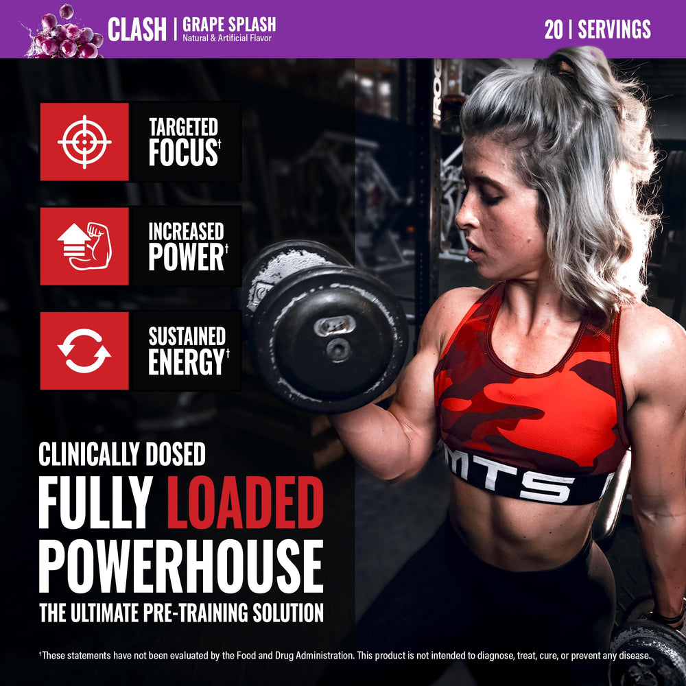 Product features icons: energy, creatine, endurance, focus