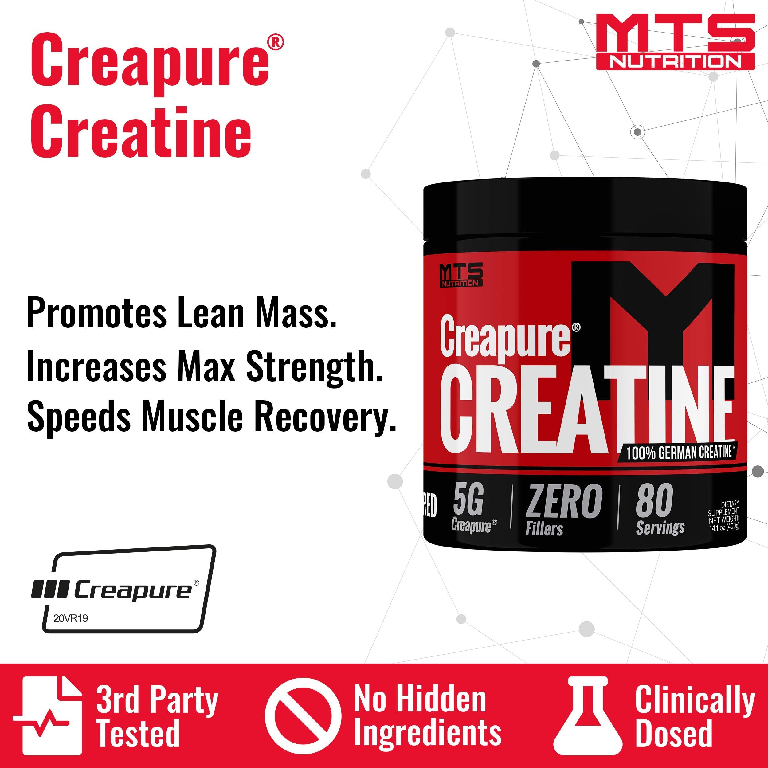 Front label of MTS Creapure Creatine Powder bottle showing 80 servings