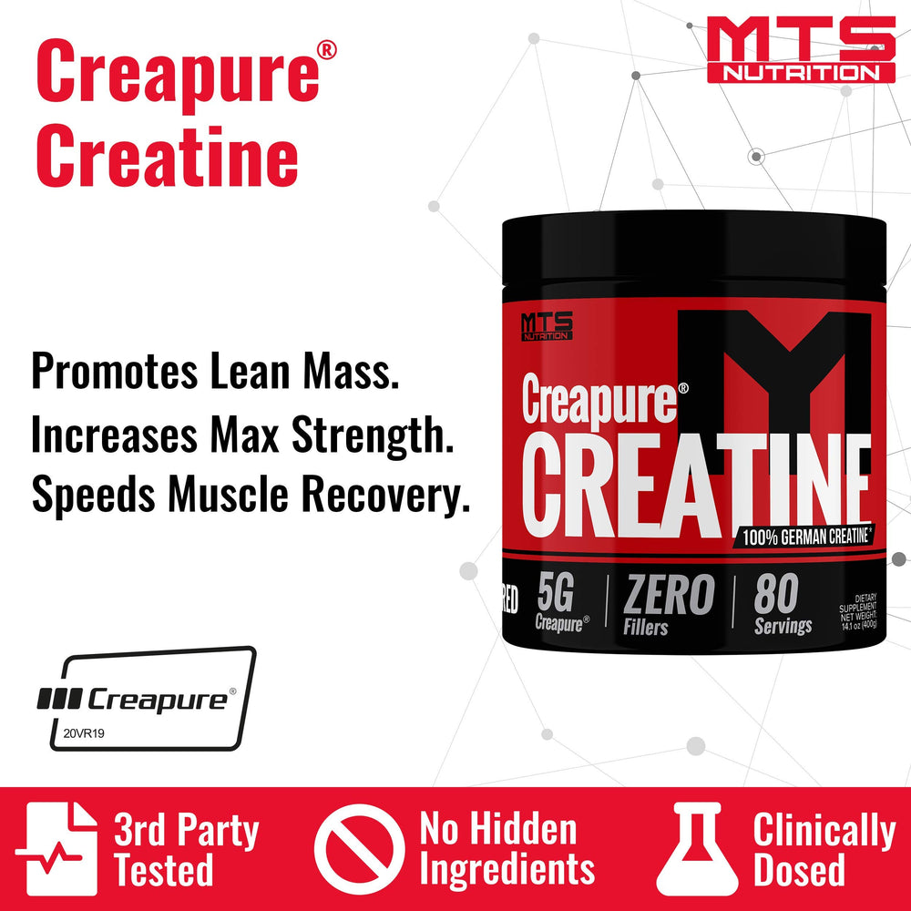 Front label of MTS Creapure Creatine Powder bottle showing 80 servings