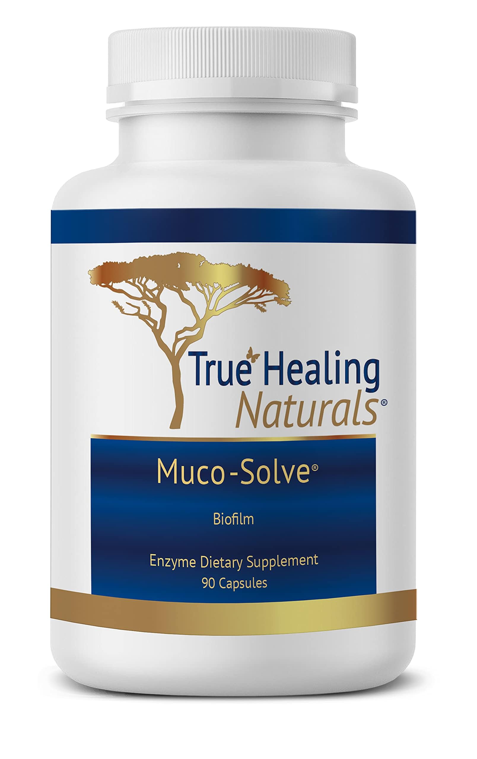 Muco-Solve Biofilm bottle and 90 capsules on white background