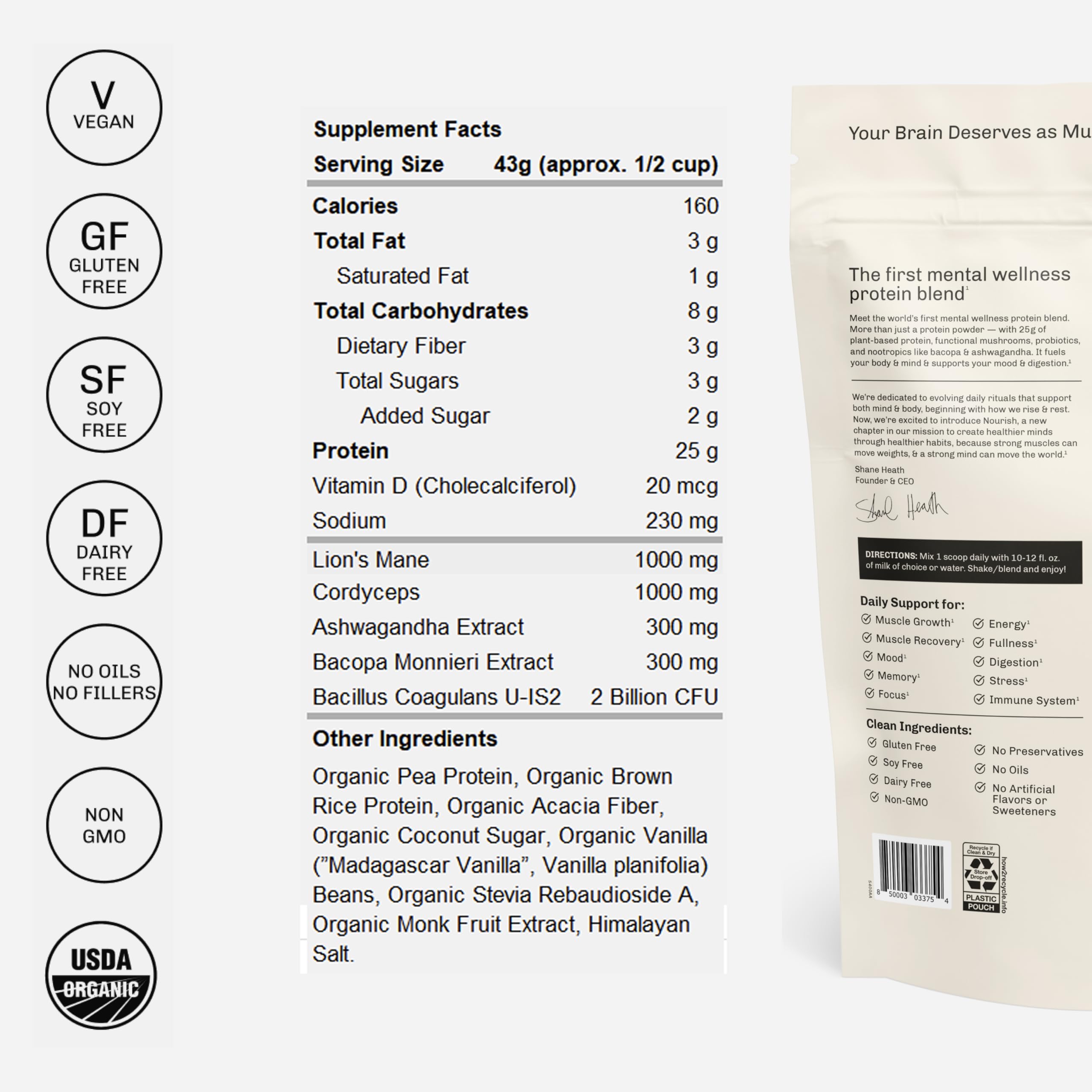 MUDWTR Nourish tub label highlights USDA Organic and clean ingredients.
