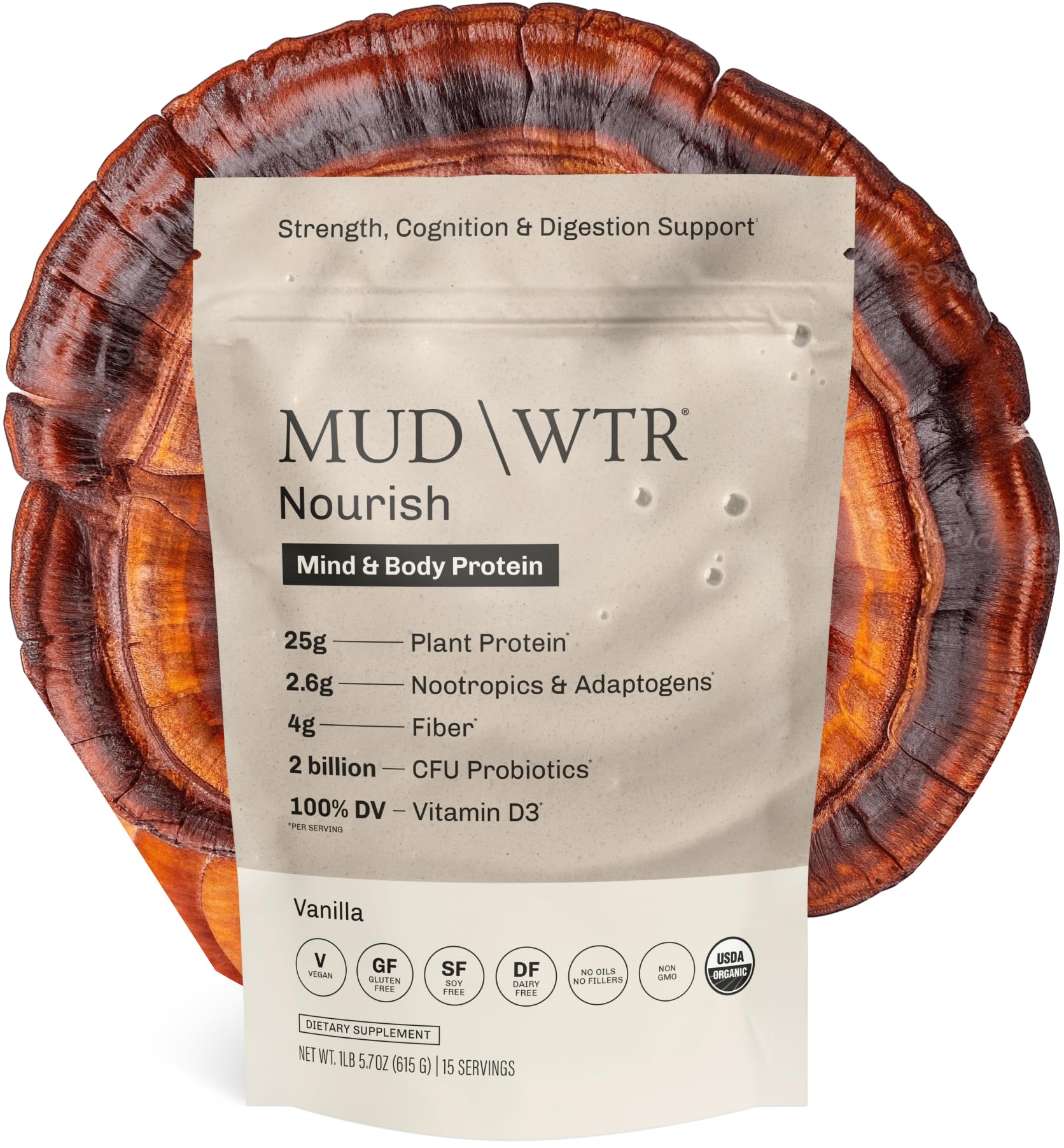 MUDWTR Nourish vanilla shake glass shows creamy vegan protein for steady energy.