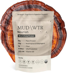 MUDWTR Nourish vanilla shake glass shows creamy vegan protein for steady energy.