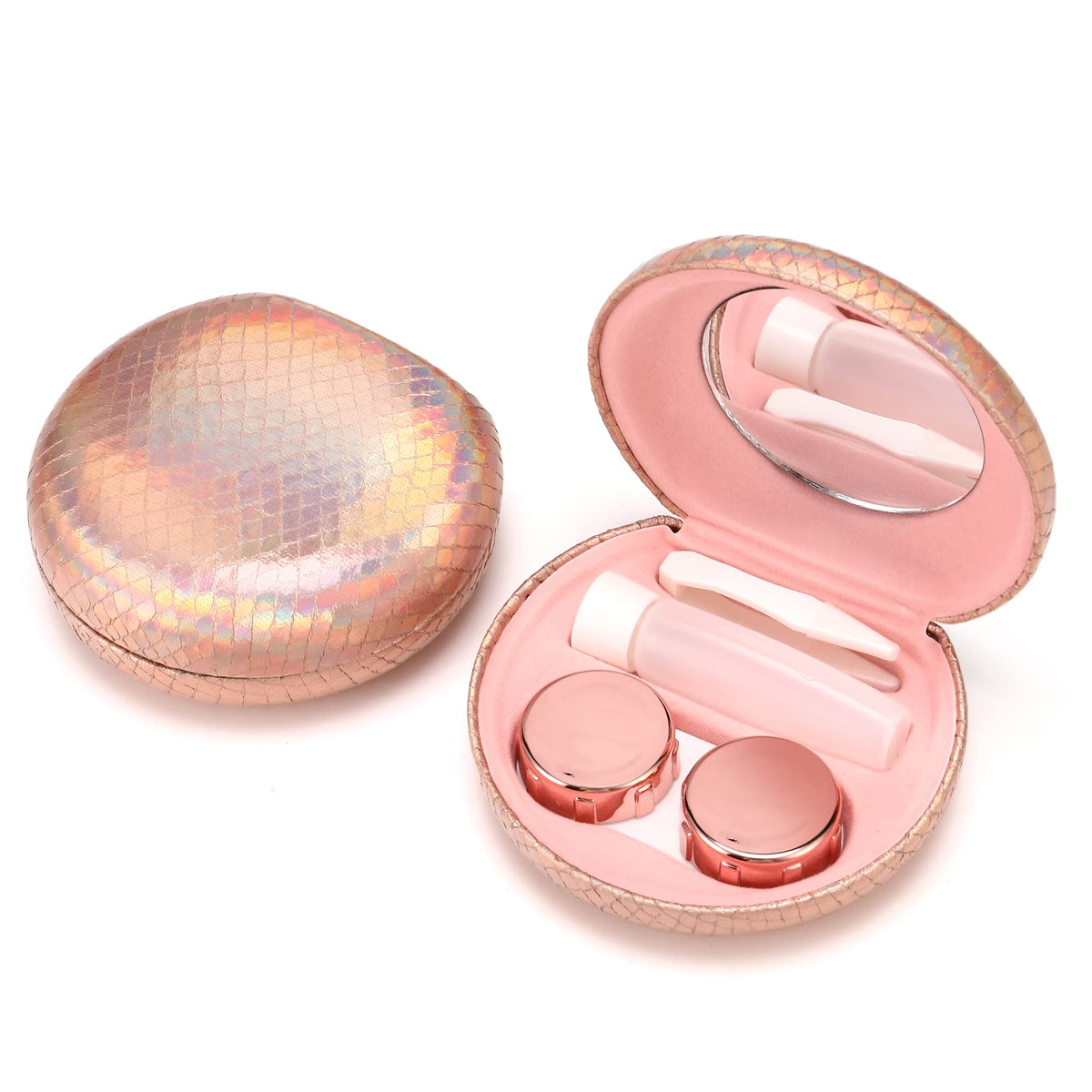 Sparkling rose gold Muf Twinkle contact lens case with rainbow shine
