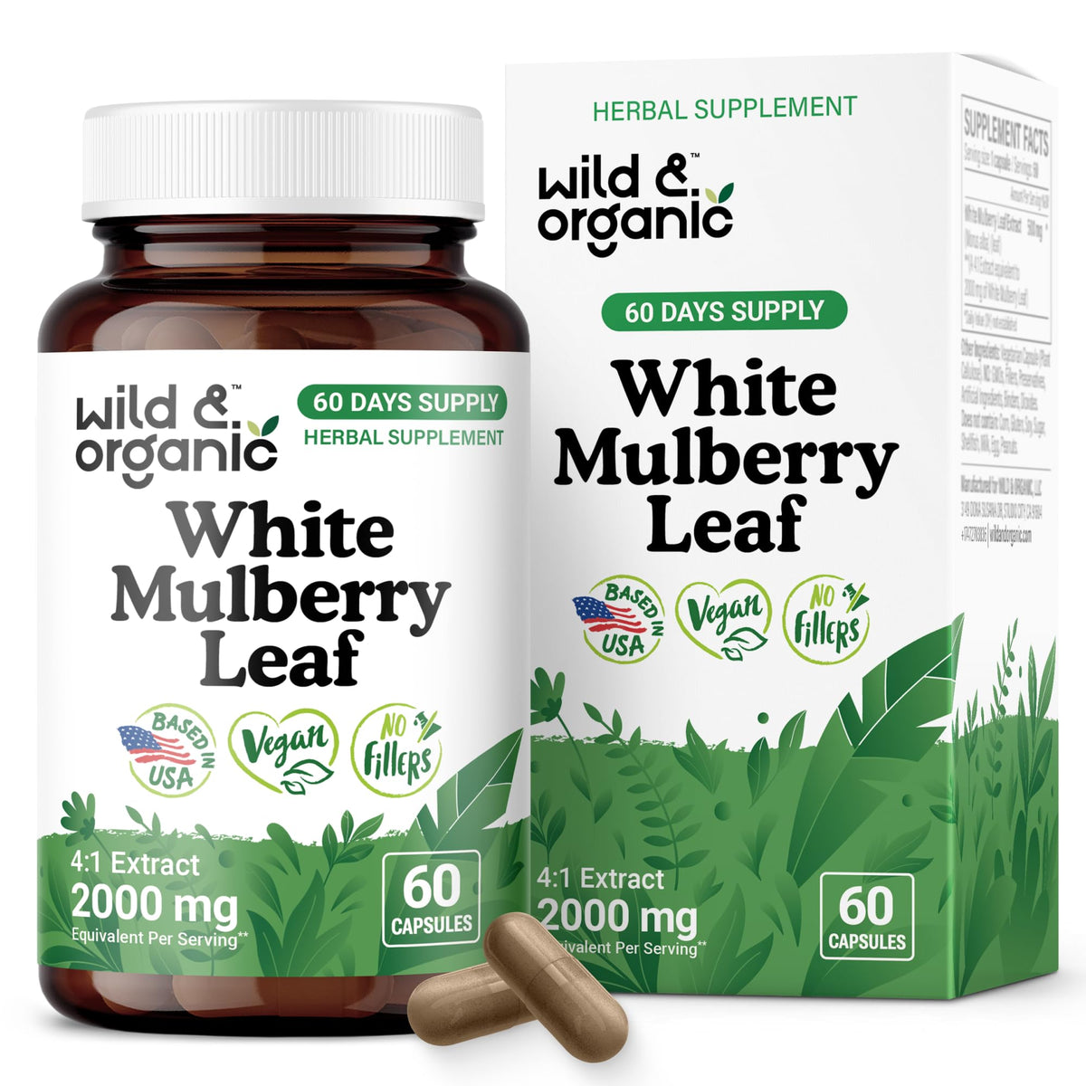Front view of Wild & Organic mulberry leaf extract capsules bottle