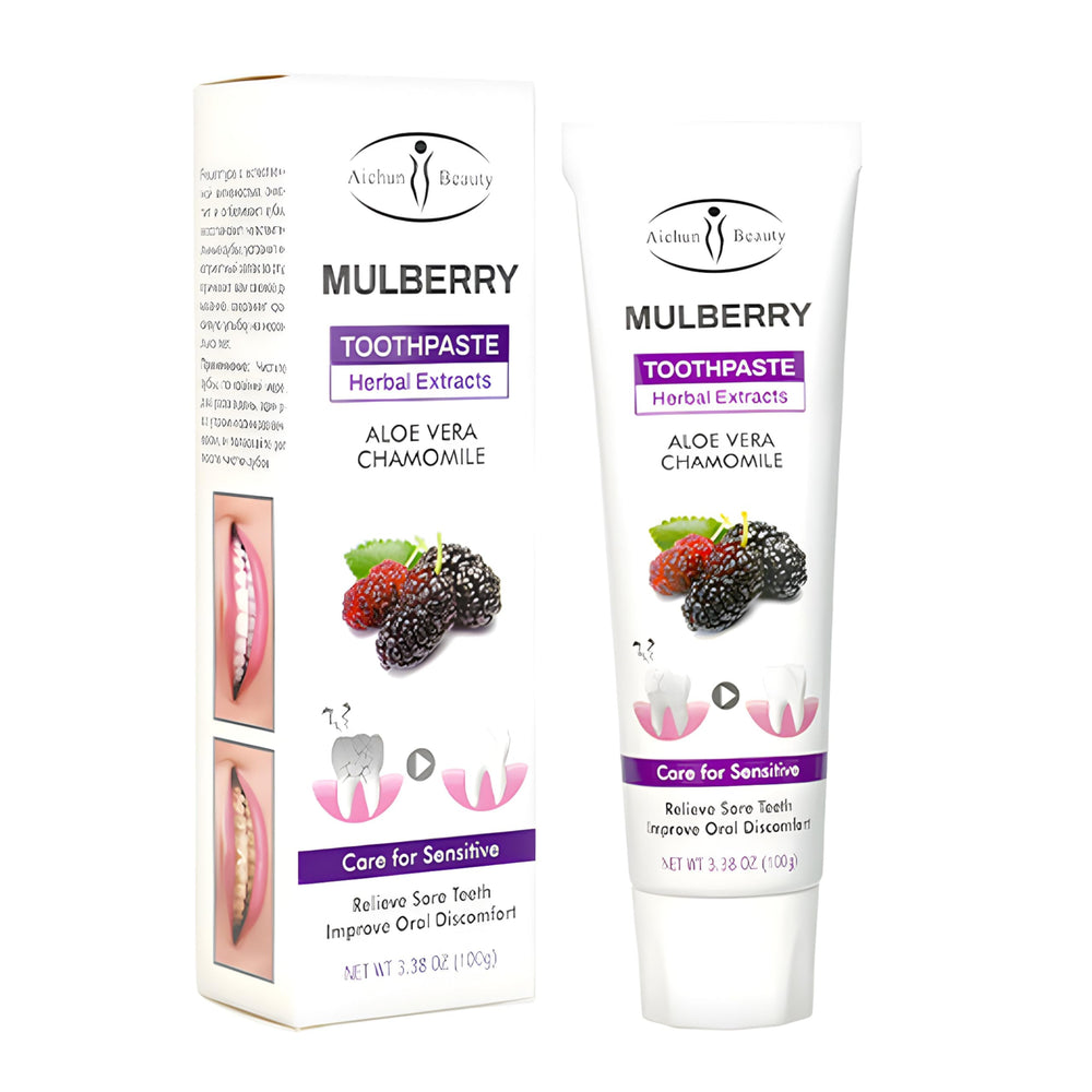 Mulberry Herbal Toothpaste bottle with aloe and chamomile imagery