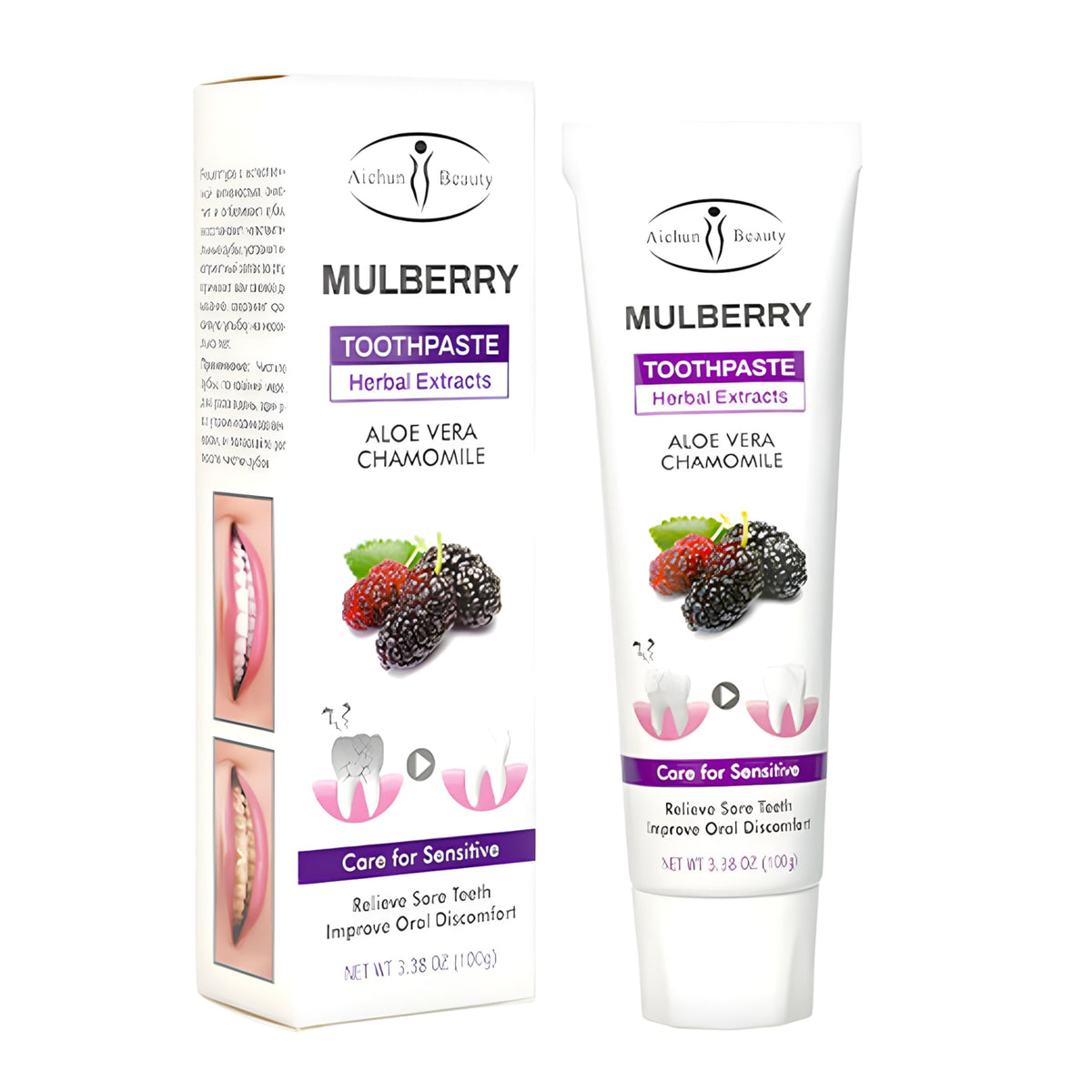 Mulberry Herbal Toothpaste bottle with aloe and chamomile imagery