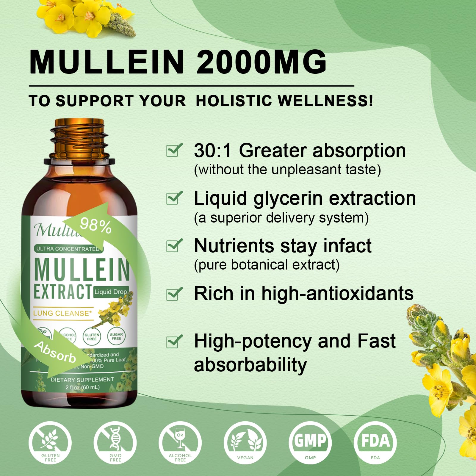 Mullein Drops bottle label showing vegan and non-GMO