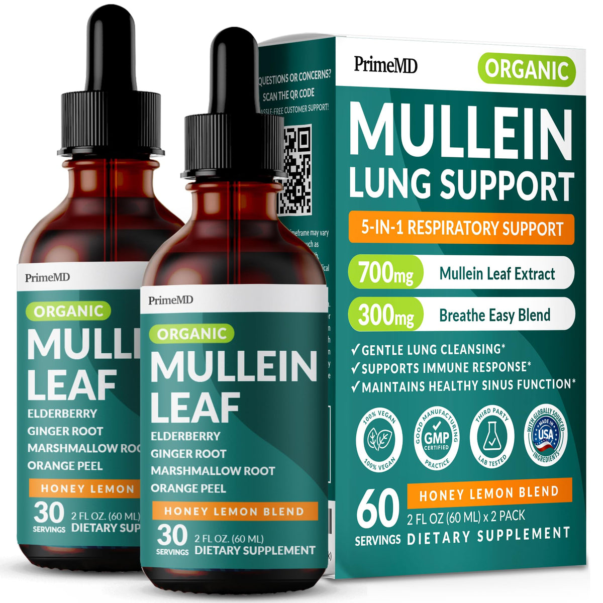 Two bottles of 5-in-1 Mullein Drops with honey lemon flavor