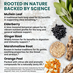 Ingredients graphic: organic mullein leaf, ginger, marshmallow root, and orange peel
