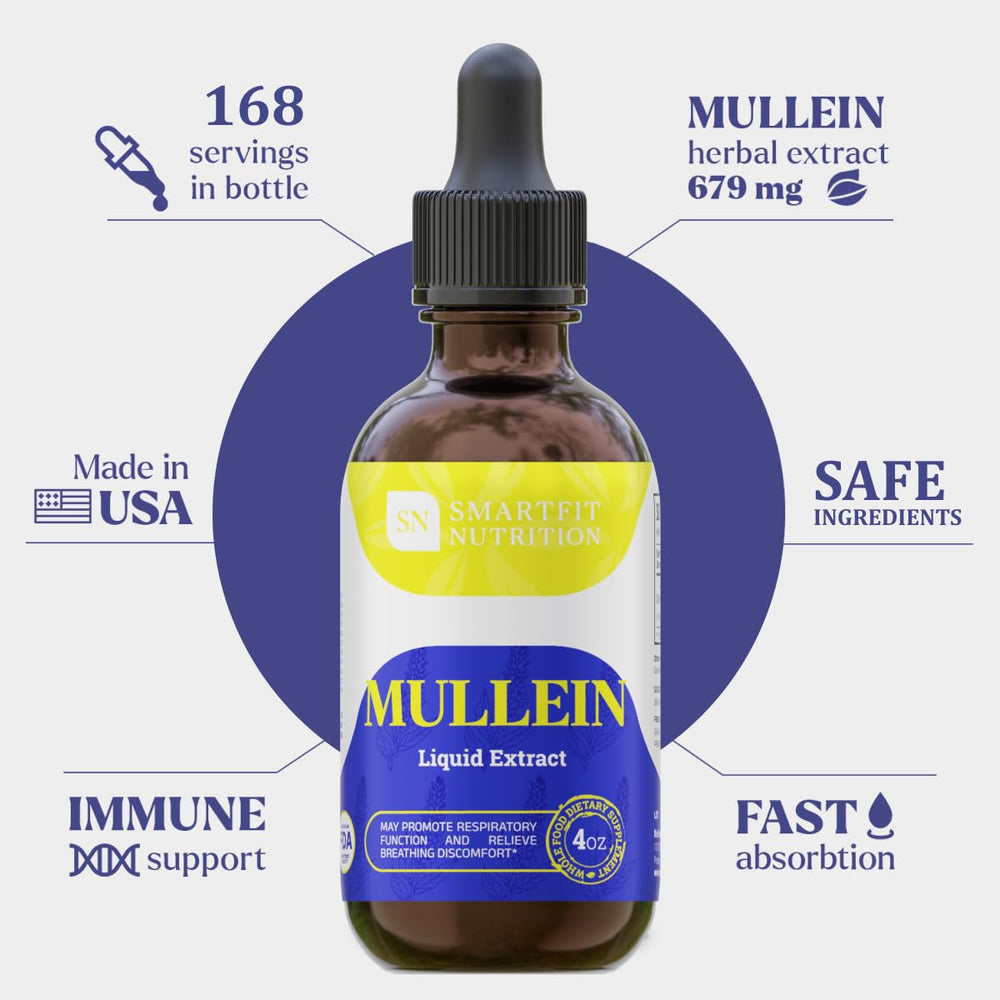 Label on Mullein leaf extract drops bottle with respiratory support