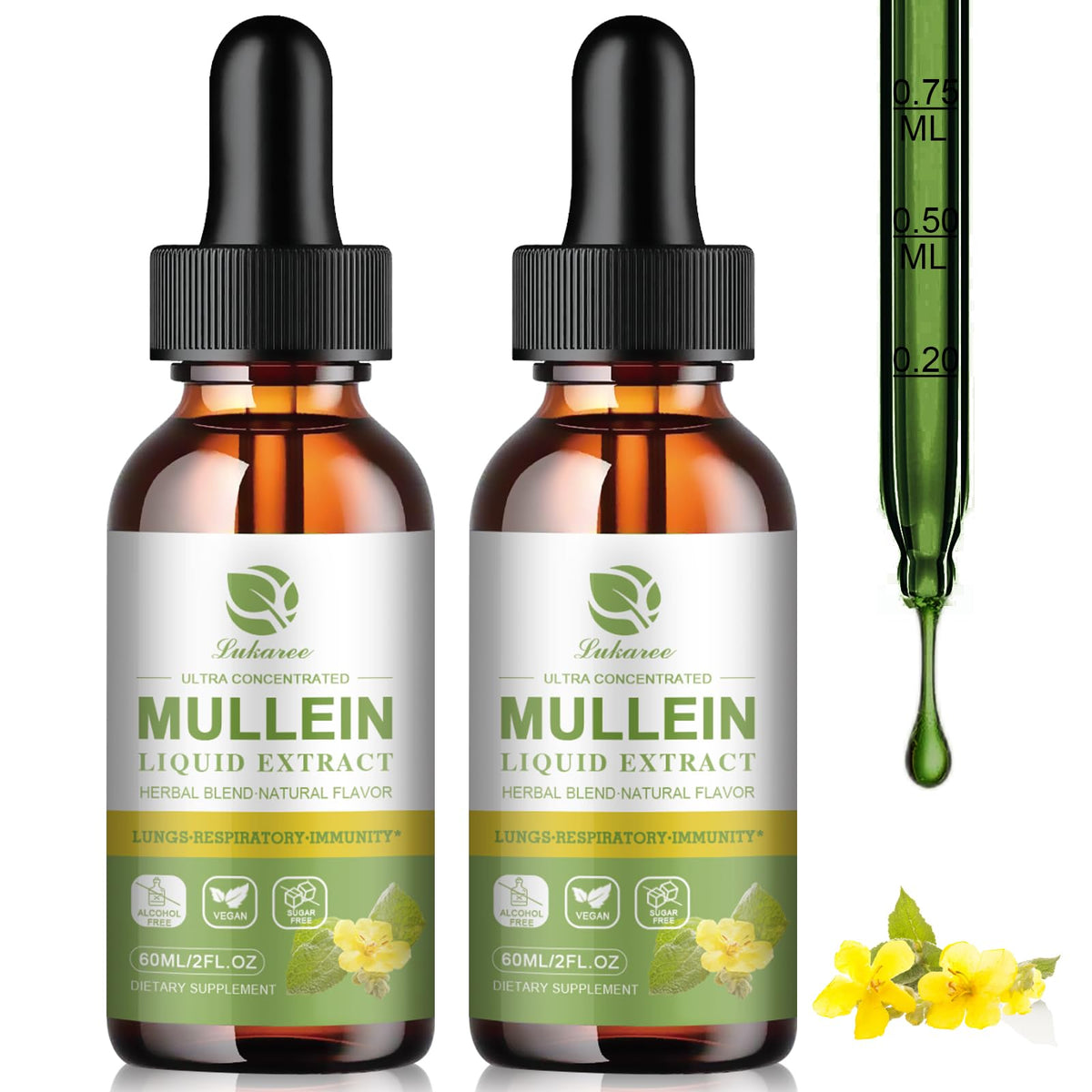 Two bottles of Mullein Drops for Lungs shown together